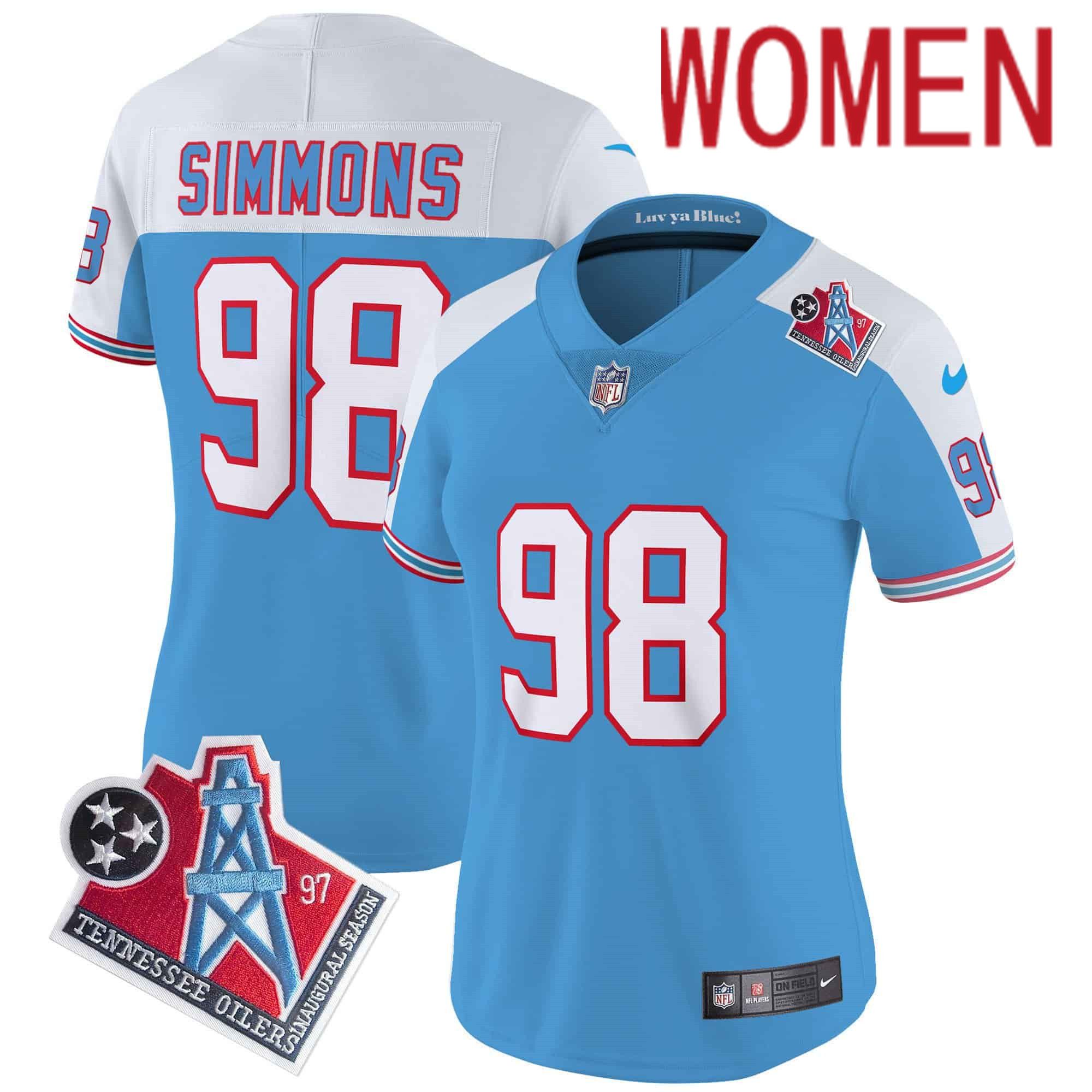 Women Tennessee Titans 98 Simmons Light Blue 1997 Throwback 2024 Nike Limited Vapor NFL Jersey style 1